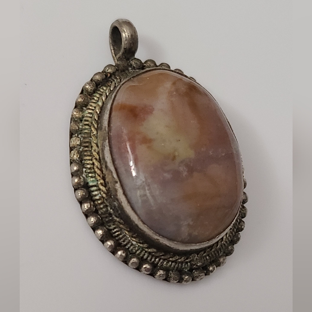 Vintage Lace Agate Gemstone Pendant Artisan Crafted Estate Jewelry